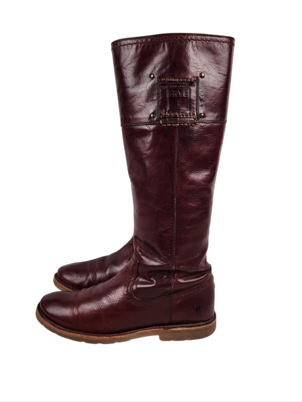 Frye Amelia Rogo Equestrian Tall Burgandy Cognac Leather Boots Womens Size 6 - Picture 3 of 16